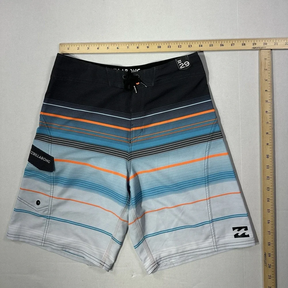 Billabong Platinum X Board Shorts Mens 29 Striped Swim Trunks Gray Orange‎